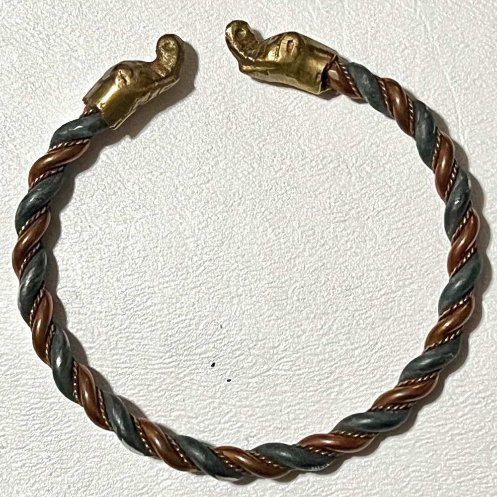 Vintage Mid-Century Brass Copper Elephant Bangle Bracelet Twisted Gold Accent